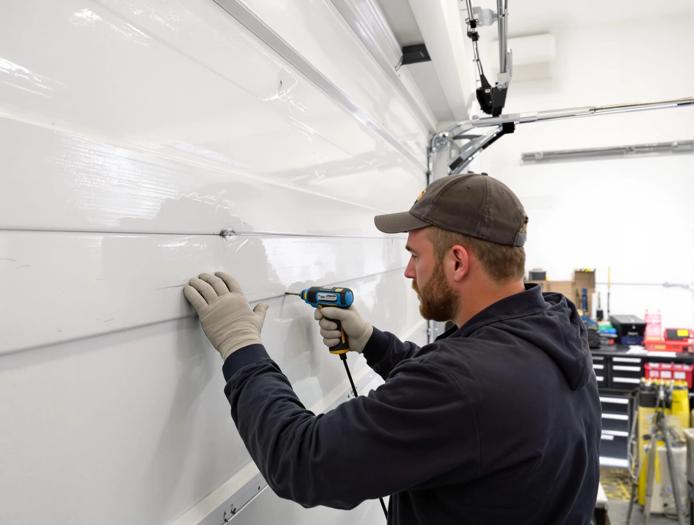 Highlands Ranch Garage Door Repair technician demonstrating precision dent removal techniques on a Highlands Ranch garage door